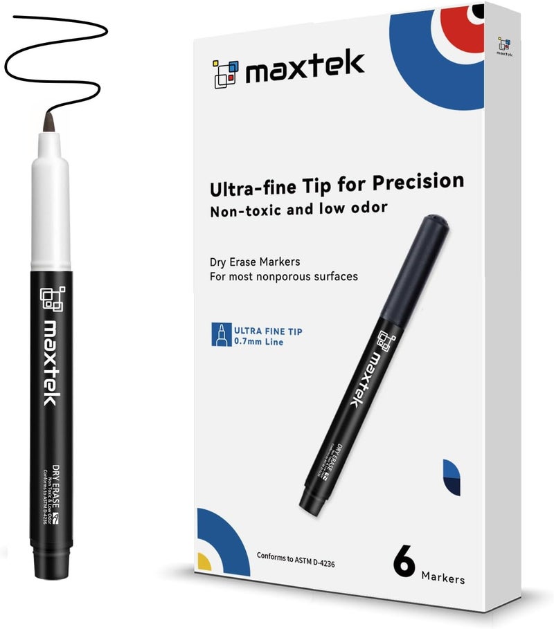 maxtek Black Dry Erase Markers Ultra Fine Tip, 0.7mm, Low Odor, Extra Fine Point Dry Erase Markers for Planning Whiteboard, Calendar Boards, Whiteboard Markers for School Supplies (6 Count) - Image 1